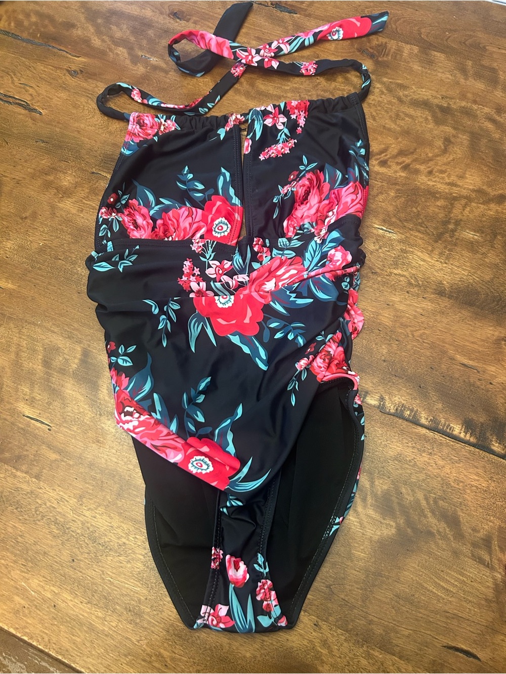 Black Floral One-Piece Swimsuit with Red Rose Print
